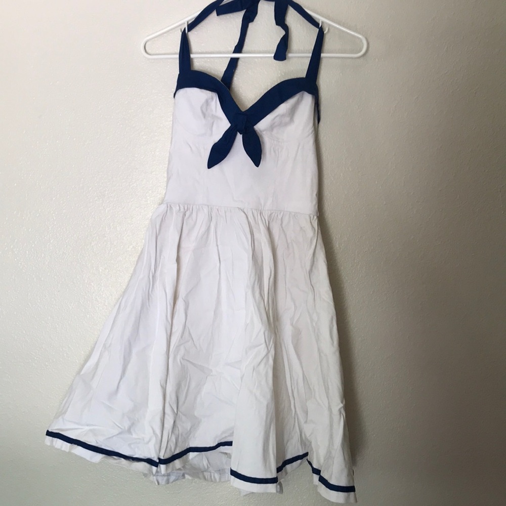 Pinup couture sailor swing dress with navy trim
